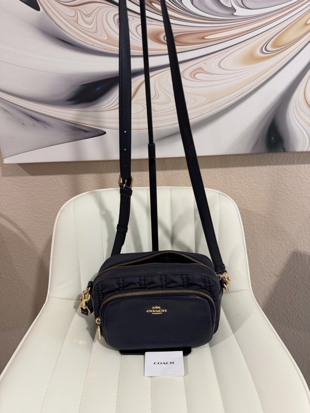 Coach Court Pebbled Leather Gold-Tone Crossbody Camera Bag with Ruching